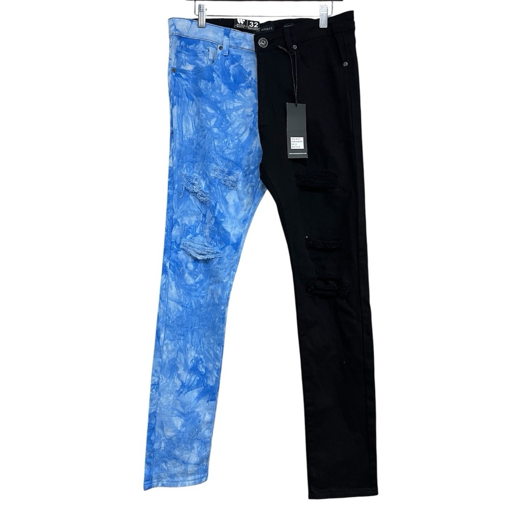 NWT Waimea Jeans‎ Men 32x32 Split Color Denim Blue Black Skinny Distressed Y2K